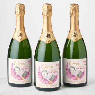 Proost op de nieuwe ouders Pink Sleeping Penguin Sparkling Wijnetiket
