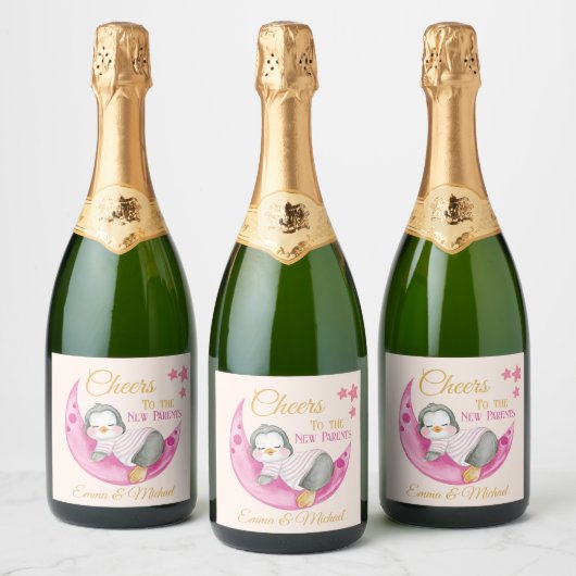 Proost op de nieuwe ouders Pink Sleeping Penguin Sparkling Wijnetiket (Flessen)