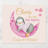 Proost op de nieuwe ouders Pink Sleeping Penguin Sparkling Wijnetiket (Enkel label)