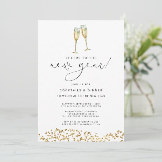 Proost op de uitnodiging voor New Year Gold Glitte (Staand voorkant)