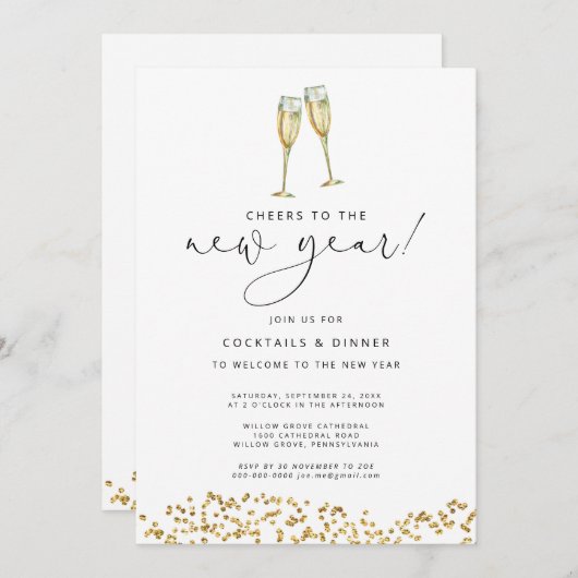Proost op de uitnodiging voor New Year Gold Glitte (Voorkant / Achterkant)
