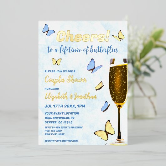 Proost op een leven van vlinders paren douche folie uitnodiging (Staand Voorkant)