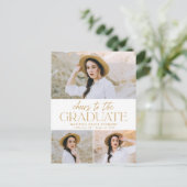 Proost op het Afstudeerder Gold 3 Photo Graduation Uitnodiging Briefkaart (Staand voorkant)