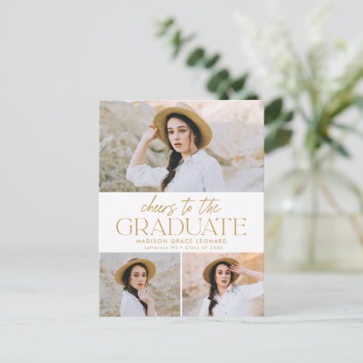Proost op het Afstudeerder Gold 3 Photo Graduation Uitnodiging Briefkaart (Staand voorkant)