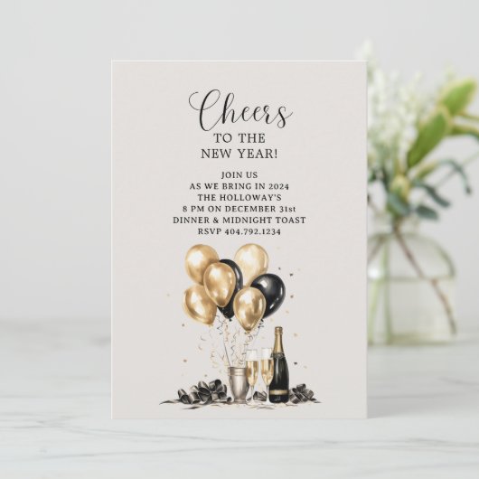 Proost op het nieuwjaarsfeest met goud en zwart kaart (Staand voorkant)