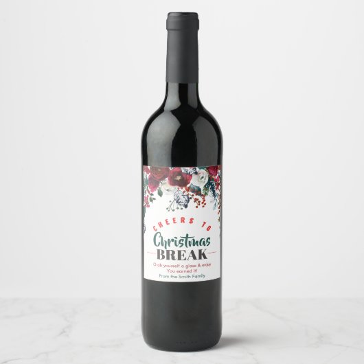 Proost op kerstvakantie met Waterverf bloemen Wijn Etiket (Voorkant)