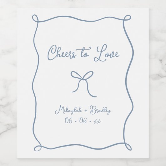 Proost op Love Hand Drawn Bow Dusty Blue Wijn Etiket (Enkel label)