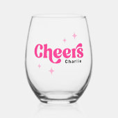 Proost op maat naam roze retro sterren wijnglas zonder voet (Voorkant)