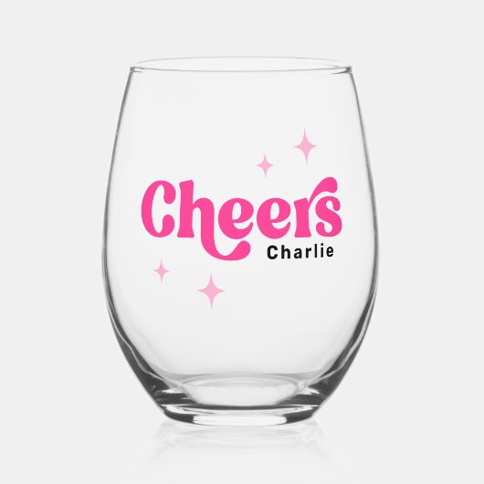 Proost op maat naam roze retro sterren wijnglas zonder voet (Voorkant)