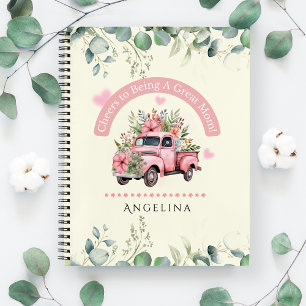 Proost op mama Roze Vintage Bloemenwagen Coquette Notitieboek