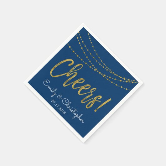 Proost op marineblauw en goudfolie String Lights Servet (Hoek)
