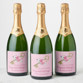 Proost op nieuw thuis | Roze Chique Bloemen en Ret Sparkling Wijnetiket