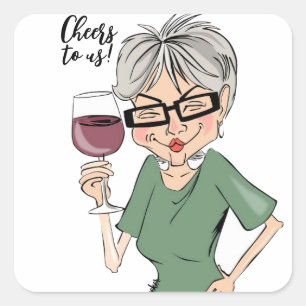 Proost op ons! Cartoon Drink Lady Kaart Vierkante Sticker