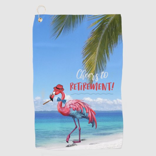 Proost op Pensioen Flamingo op Tropical Beach Golfhanddoek (Voorkant)
