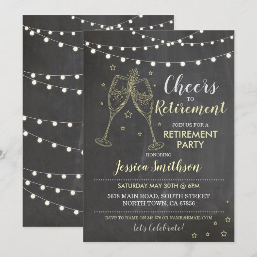 Proost op Pensioenfeest Chalk Lights Champagne Kaart (Voorkant / Achterkant)