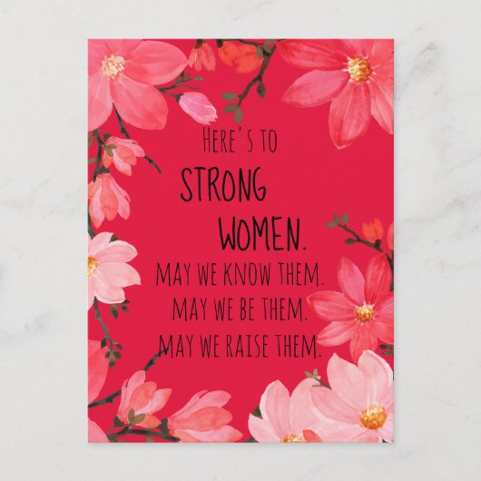 Proost op Sterke Vrouwen Kersenrood Bloemmotief Briefkaart (Voorkant)