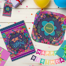Proost op verjaardag Kleurrijke Fun Flower Stripe Cadeaulabel