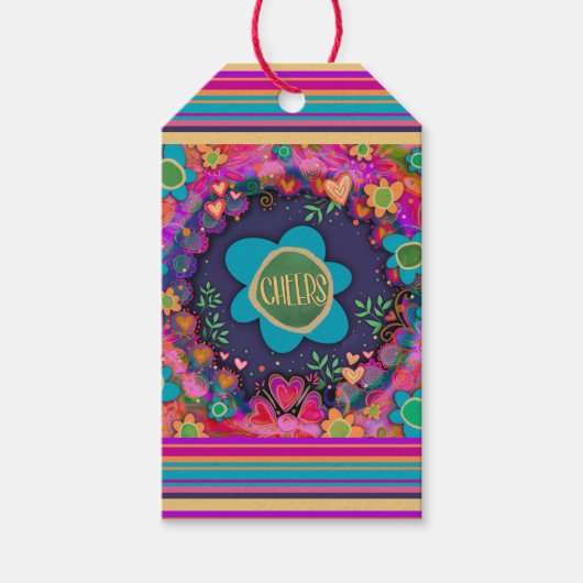 Proost op verjaardag Kleurrijke Fun Flower Stripe Cadeaulabel (Voorkant)