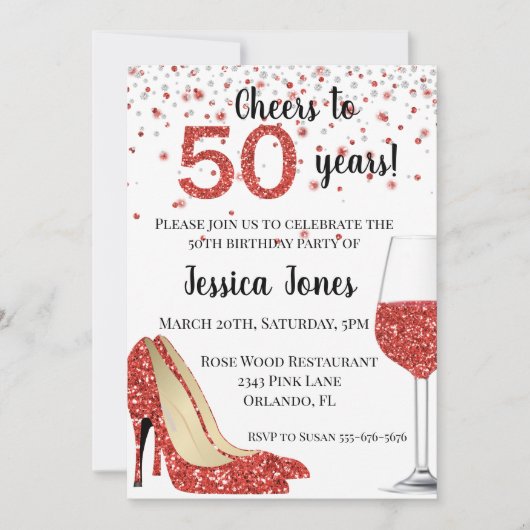 Proost op vijftig jaar Rode Glitter Wijn Hakken Kaart (Voorkant)