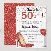 Proost op vijftig jaar Rode Glitter Wijn Hakken Kaart (Voorkant / Achterkant)