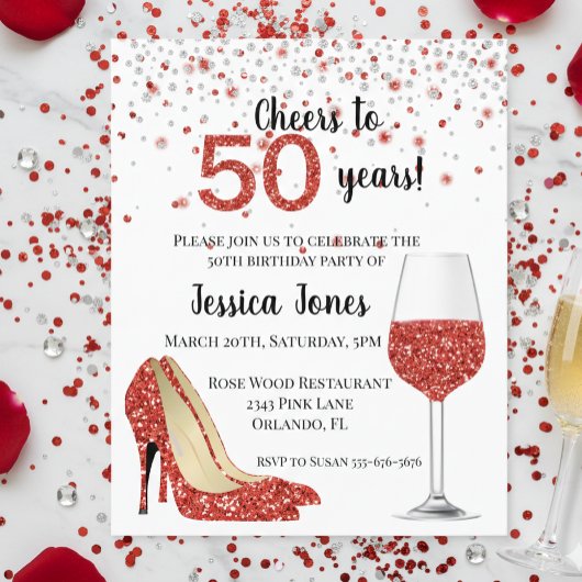 Proost op vijftig jaar rode glitterschoenen met wi flyer