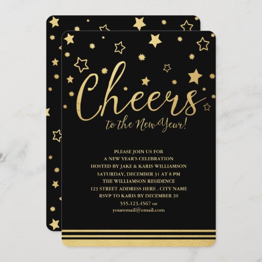 Proost oudejaarsfeest uitnodiging / zwart (Voorkant / Achterkant)