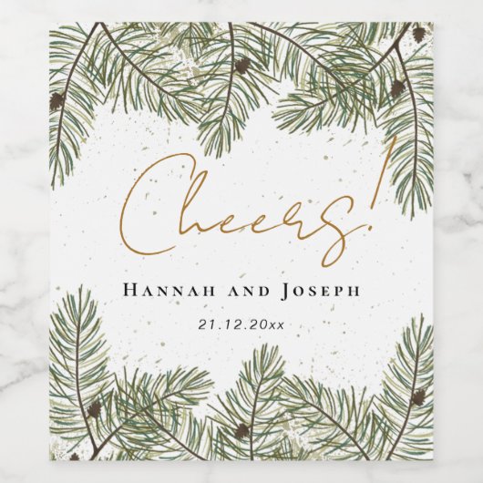 Proost Pine & Gold Kerst Huwelijk Feestelijk Wijn Etiket (Enkel label)