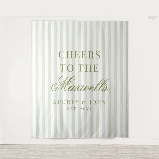 Proost Retro Groen Witte Strepen Script Bruiloft Wandkleed (Voorkant)