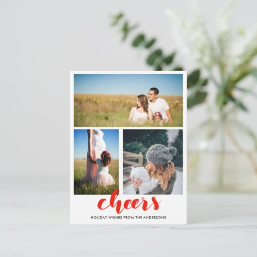 Proost Rode Handgeschreven Kerstscript Drie Foto's Feestdagenkaart (Staand voorkant)