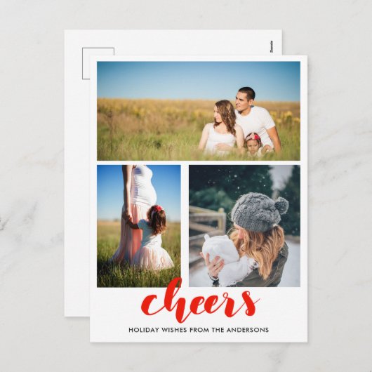 Proost Rode Handgeschreven Kerstscript Drie Foto's Feestdagenkaart (Voorkant / Achterkant)