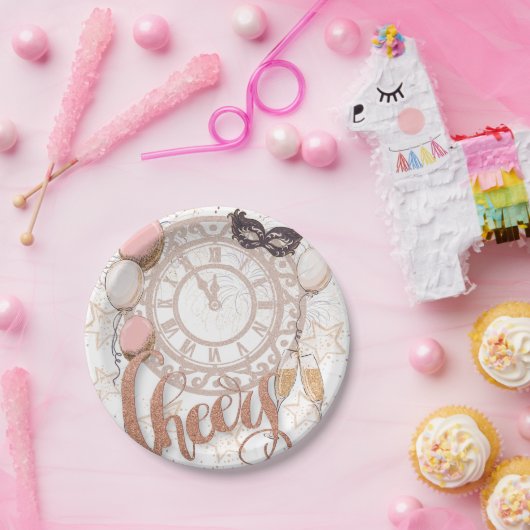 Proost Roos Gold Script Clock Champagne Nieuwjaar Papieren Bordje (Feest)