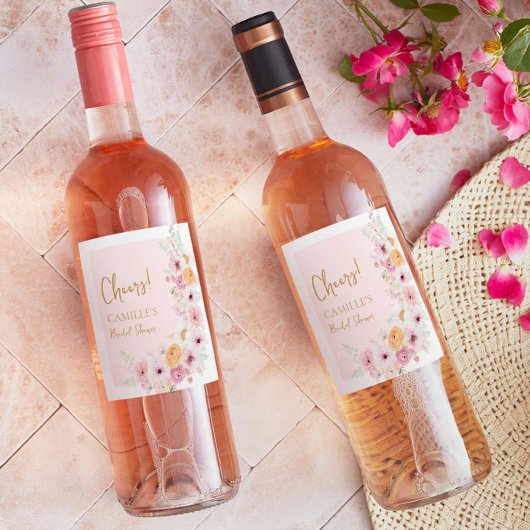 Proost Roze Bloemetuin Bruidsdouche Wijn Etiket