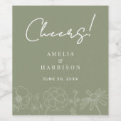 Proost Sage Green Elegant Bloemen Huwelijk Wijn Etiket (Enkel label)