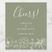 Proost Sage Green Elegant Bloemen Huwelijk Wijn Etiket (Enkel label)