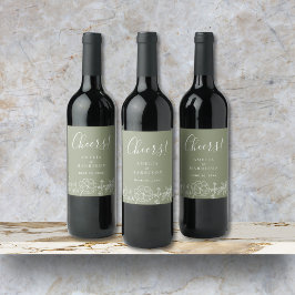 Proost Sage Green Elegant Bloemen Huwelijk Wijn Etiket