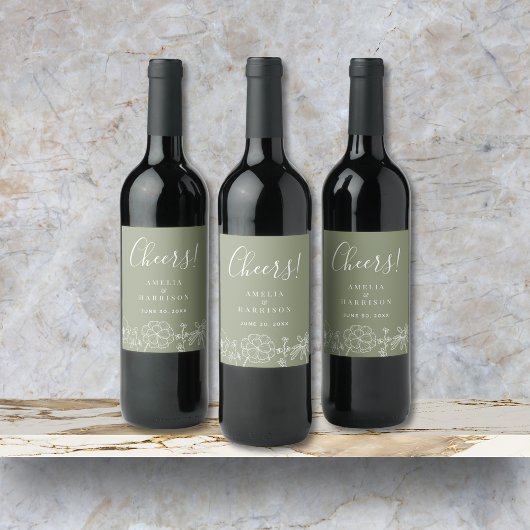 Proost Sage Green Elegant Bloemen Huwelijk Wijn Etiket