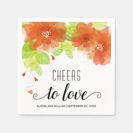Proost tot liefde, oranje bloemen, bloemperbruilof servet (Voorkant)