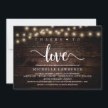 Proost tot liefde, Rustic Vrijgezellenfeest Celebr Kaart<br><div class="desc">Moderne Calligrafie Bridal douchekaart (Cheers to Love),  in rustic dark wood string lights design themed. Nodig de gasten met deze perfecte Uitnodigingskaart uit. Voeg de gegevens van uw vrijgezellenfeest toe in de bijbehorende formulering.</div>