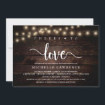 Proost tot liefde, Rustic Vrijgezellenfeest Celebr Kaart<br><div class="desc">Moderne Calligrafie Bridal douchekaart (Cheers to Love),  in rustic dark wood string lights design themed. Nodig de gasten met deze perfecte Uitnodigingskaart uit. Voeg de gegevens van uw vrijgezellenfeest toe in de bijbehorende formulering.</div>