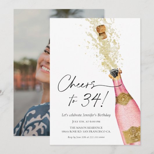 Proost Verjaardag Roze en Gouden Foto Kaart (Voorkant / Achterkant)