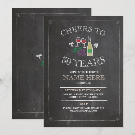 Proost wijn proeverij schoolbord verjaardag uitnod kaart (Voorkant / Achterkant)