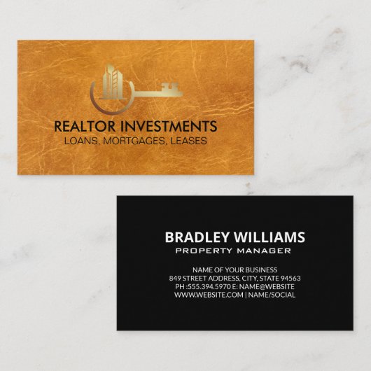 Properties Key Gold Logo | Bruin Leer Visitekaartje (Voorkant / Achterkant)