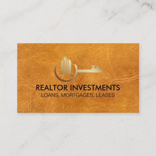 Properties Key Gold Logo | Bruin Leer Visitekaartje (Voorkant)