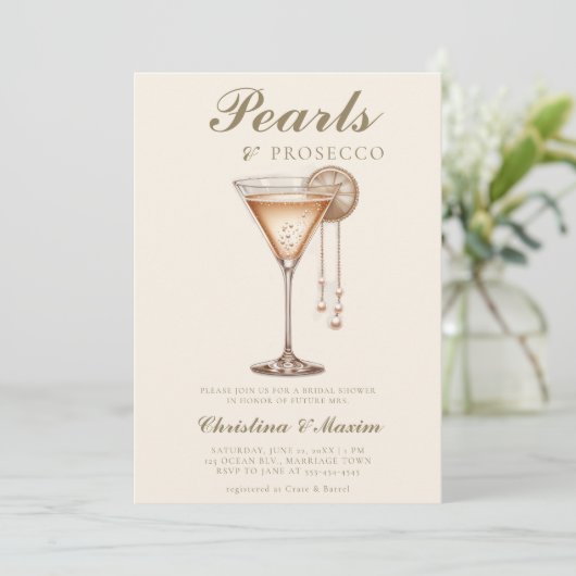 Prosecco Elegante Brunch met Parels Bruiloft Kaart (Staand voorkant)