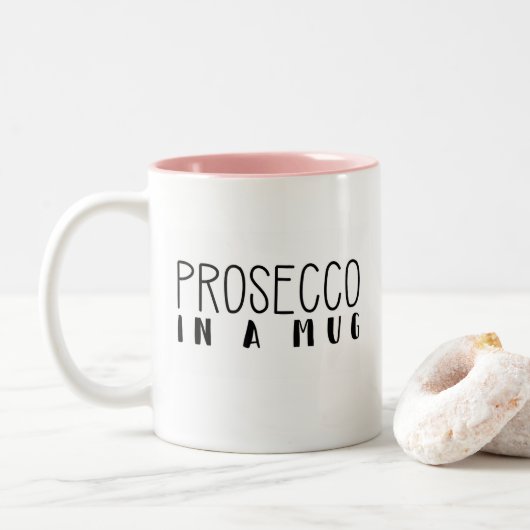 "Prosecco in a mok", grappig Tweekleurige Koffiemok (Met donut)