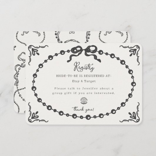 Prosecco Pearl Coquette Bow Gift Registry Invoegen Informatiekaartje (Voorkant / Achterkant)
