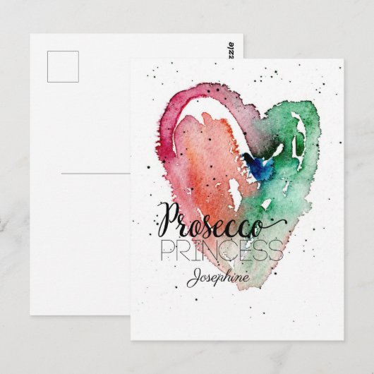 'Prosecco Princess' Monogram Waterverf Hart Briefkaart (Voorkant / Achterkant)