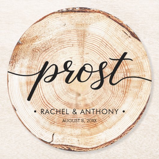 Prost German Wedding Wood Grain Round Custom Ronde Kartonnen Onderzetter (Voorkant)