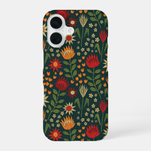 Protea Bloem Bladblok Afdruk Millefleur donkere kl iPhone 16 Hoesje
