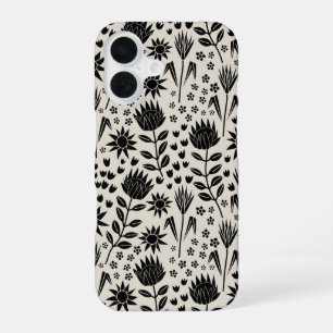 Protea Bloem Bladblok Afdruk Millefleur zwart linn iPhone 16 Hoesje